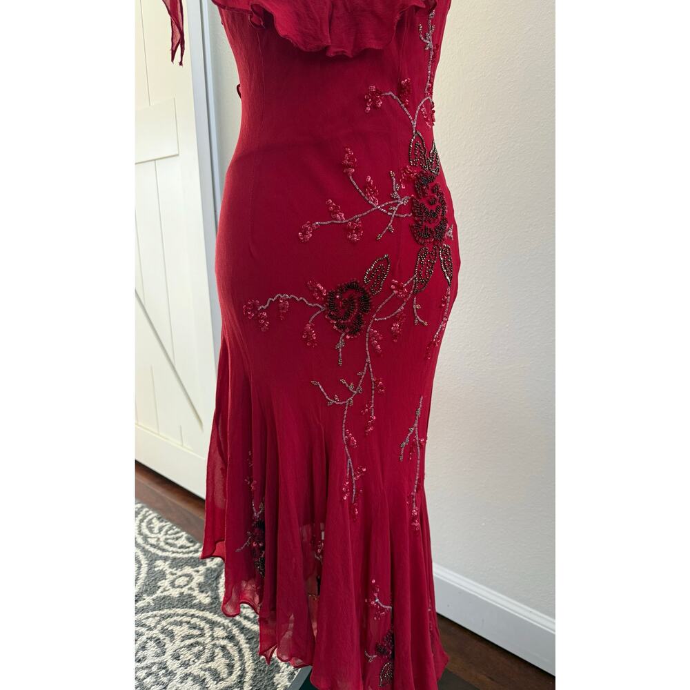 FLAWED Vintage Sue Wong Y2K Red Beaded Embroidered Asymmetrical Dress 12 S XS - Picture 7 of 17